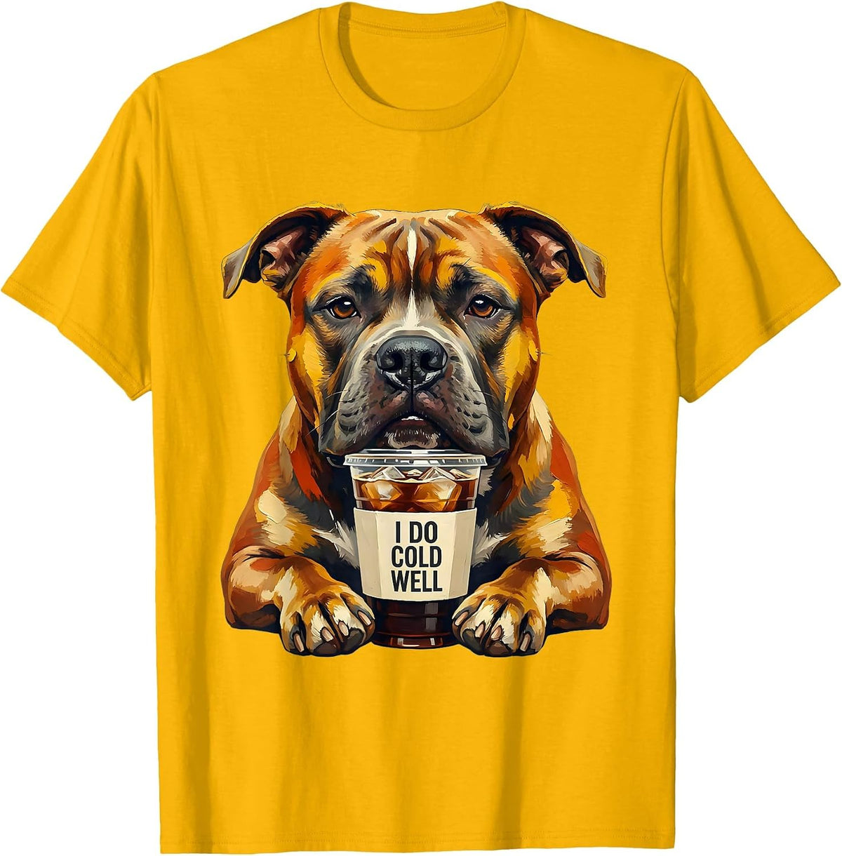 Men's I Do Cold Well Funny Pitbull Drinking Iced Coffee Humor T-Shirt - Golden Yellow