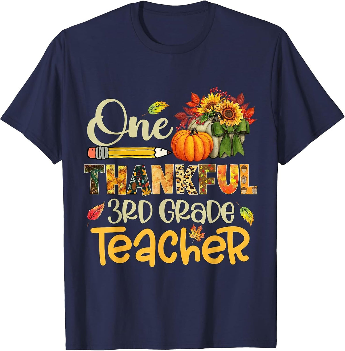 One Thankful 3rd Grade Teacher Pumpkin Fall Thanksgiving T-Shirt - Navy Blue