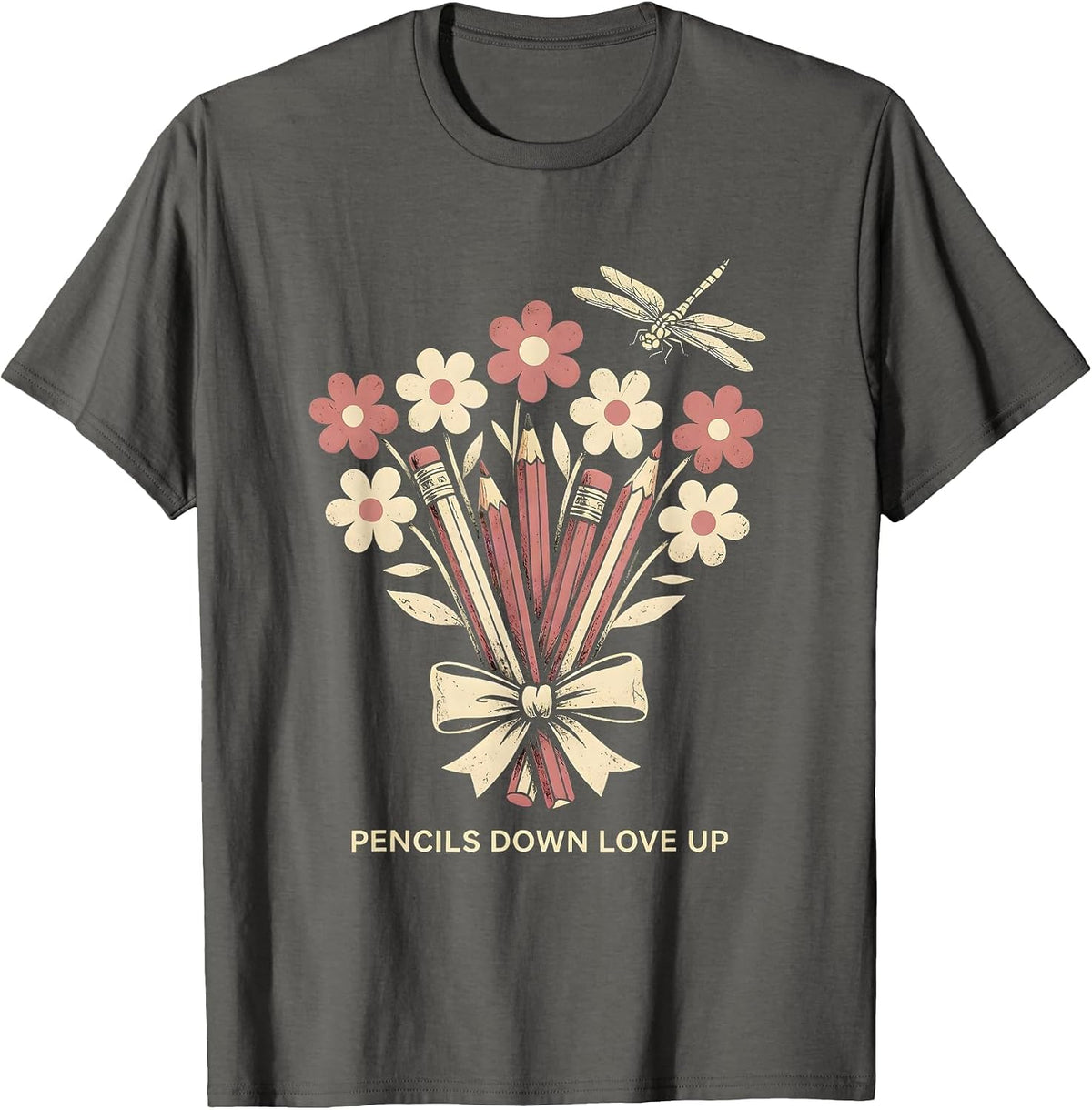 Pencils Down Love Up Elementary Teacher Design T-Shirt - Asphalt Grey