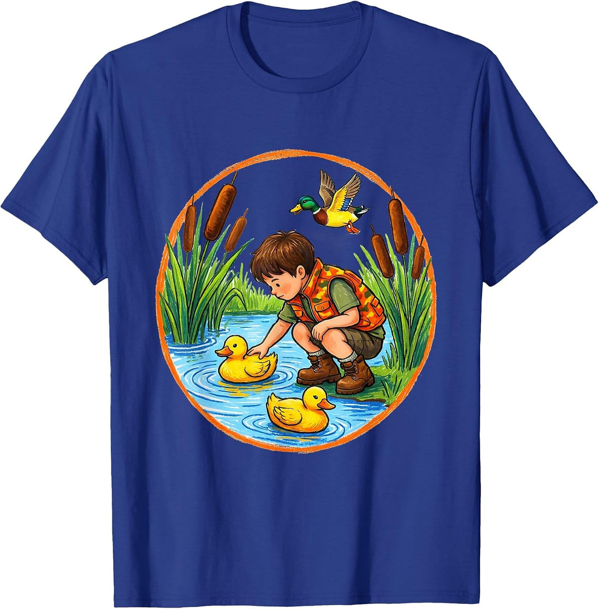Men's Kids Duck Hunting Decoy Setup Illustration T-Shirt - Royal Blue