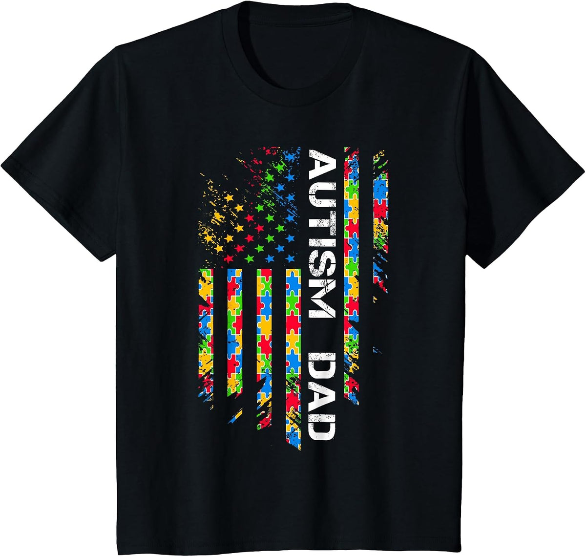 Autism Dad Awareness American Flag USA T-Shirt - Black
