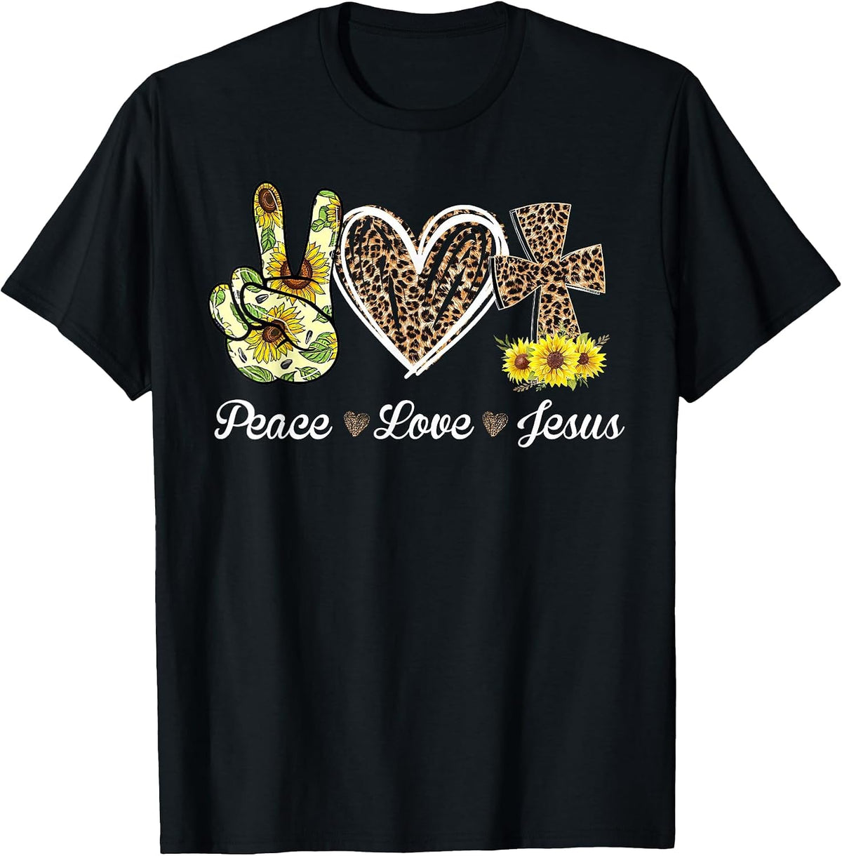 Leopard Peace Love Jesus Lovers Christ Cross Hippie T-Shirt - Black