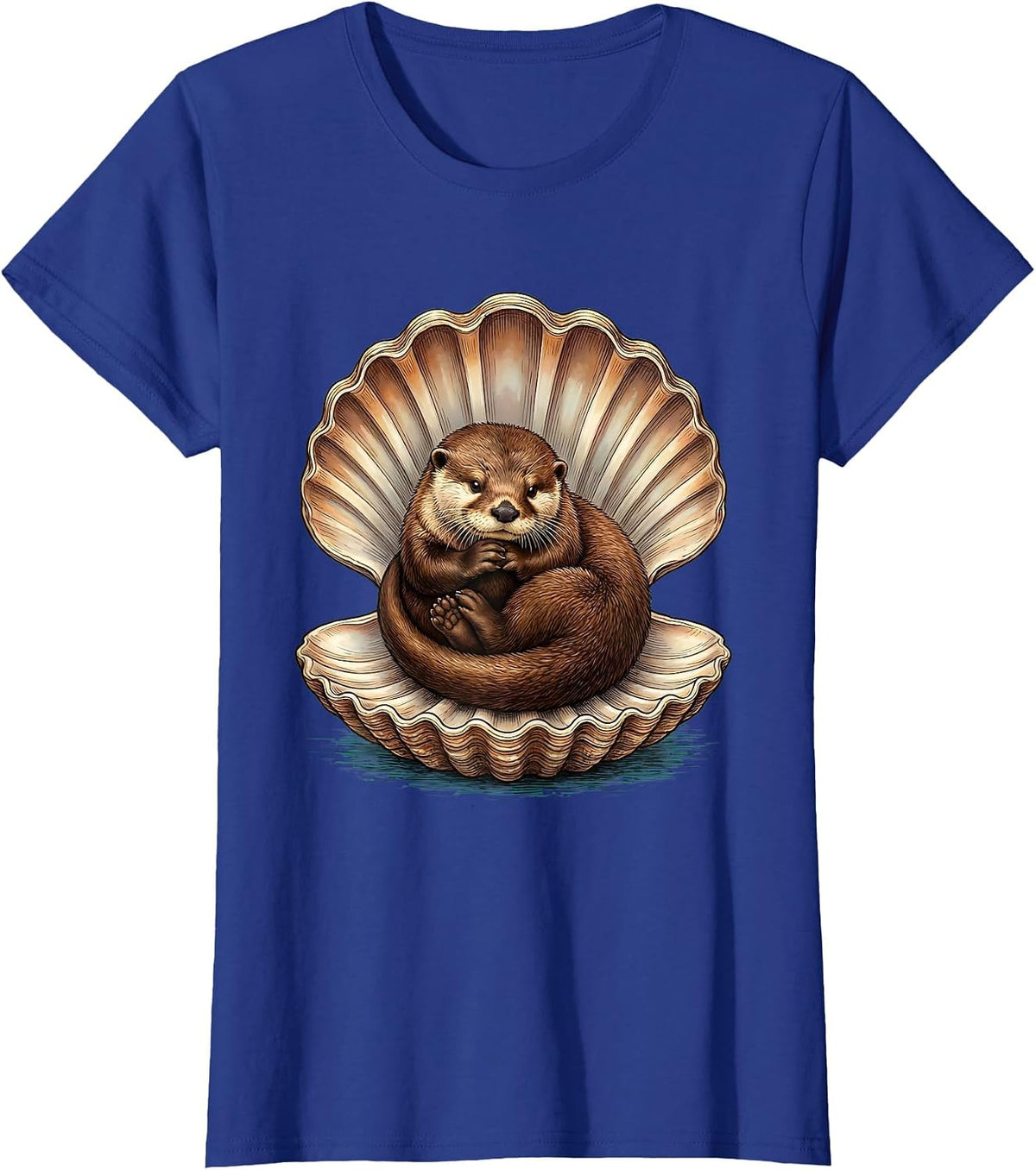 Women's Otter Curled in Giant Clamshell Illustration T-Shirt - Royal Blue