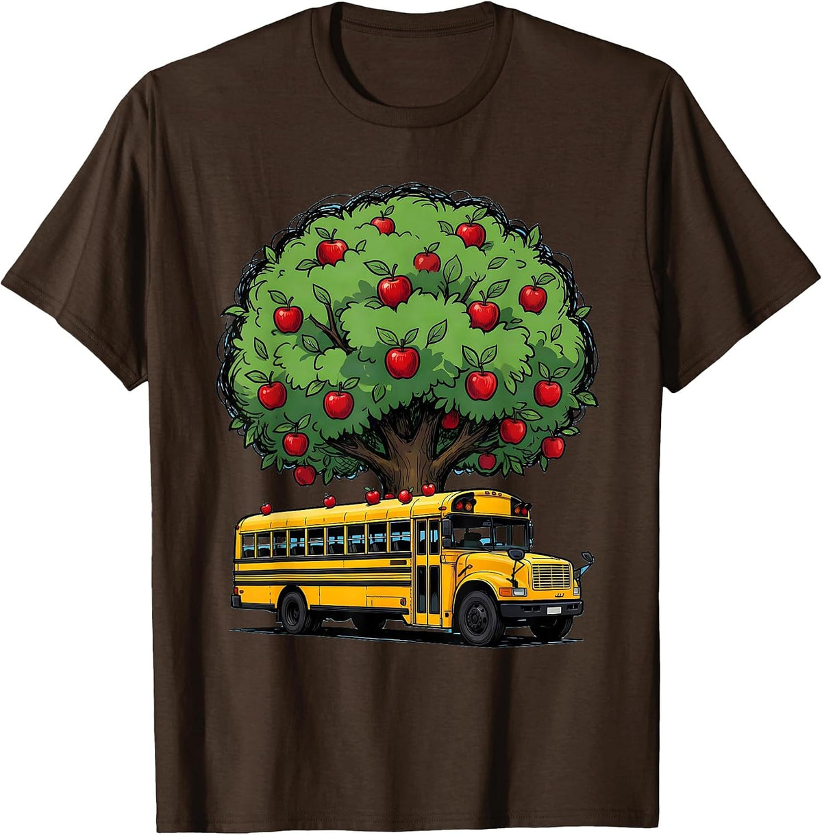 Men's Elementary Teacher Apple Tree School Bus Graphic T-Shirt - Brown