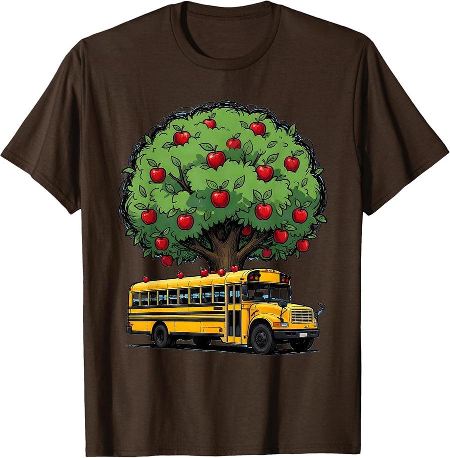 Men's Elementary Teacher Apple Tree School Bus Graphic T-Shirt - Brown