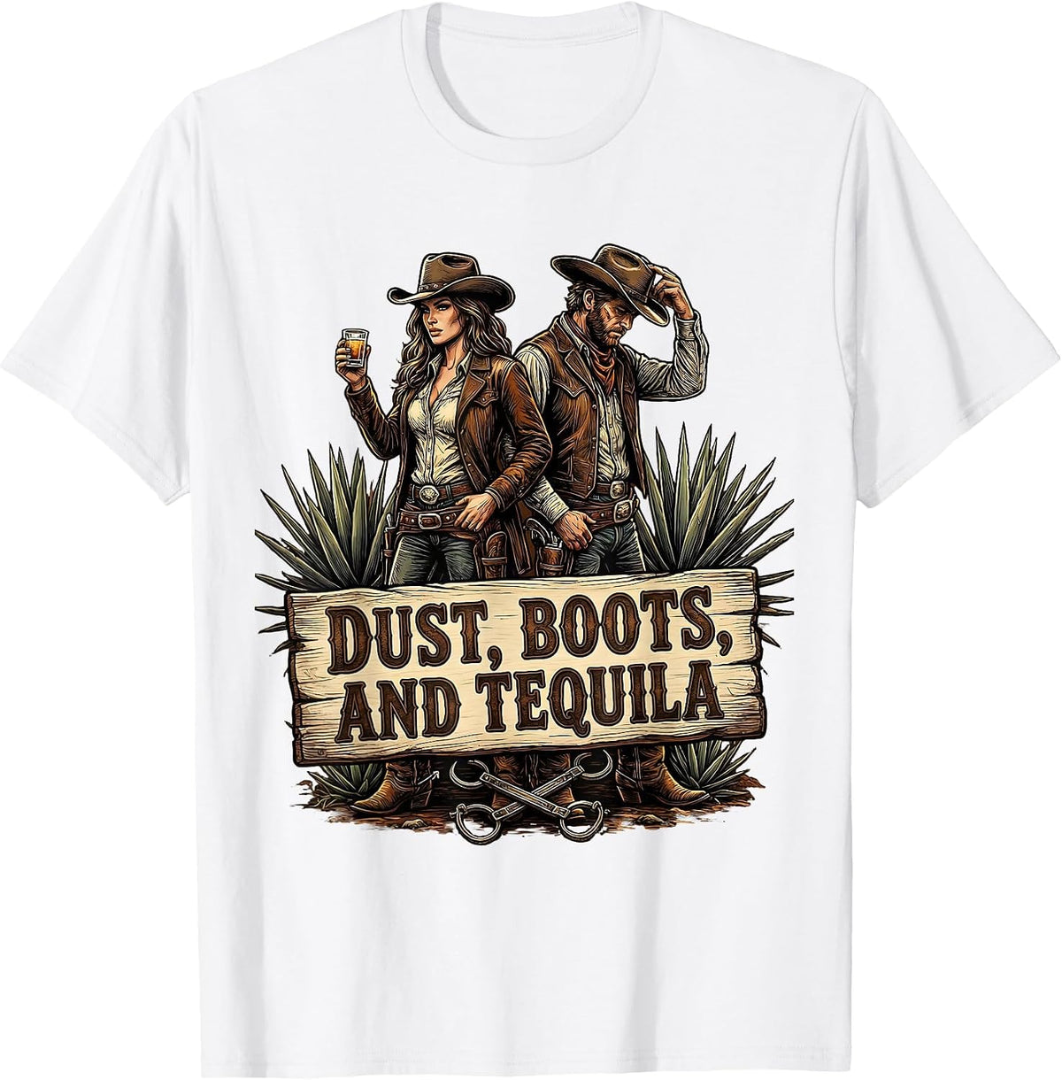 Men's Dust Boots and Tequila Cowboy Western Design T-Shirt - White