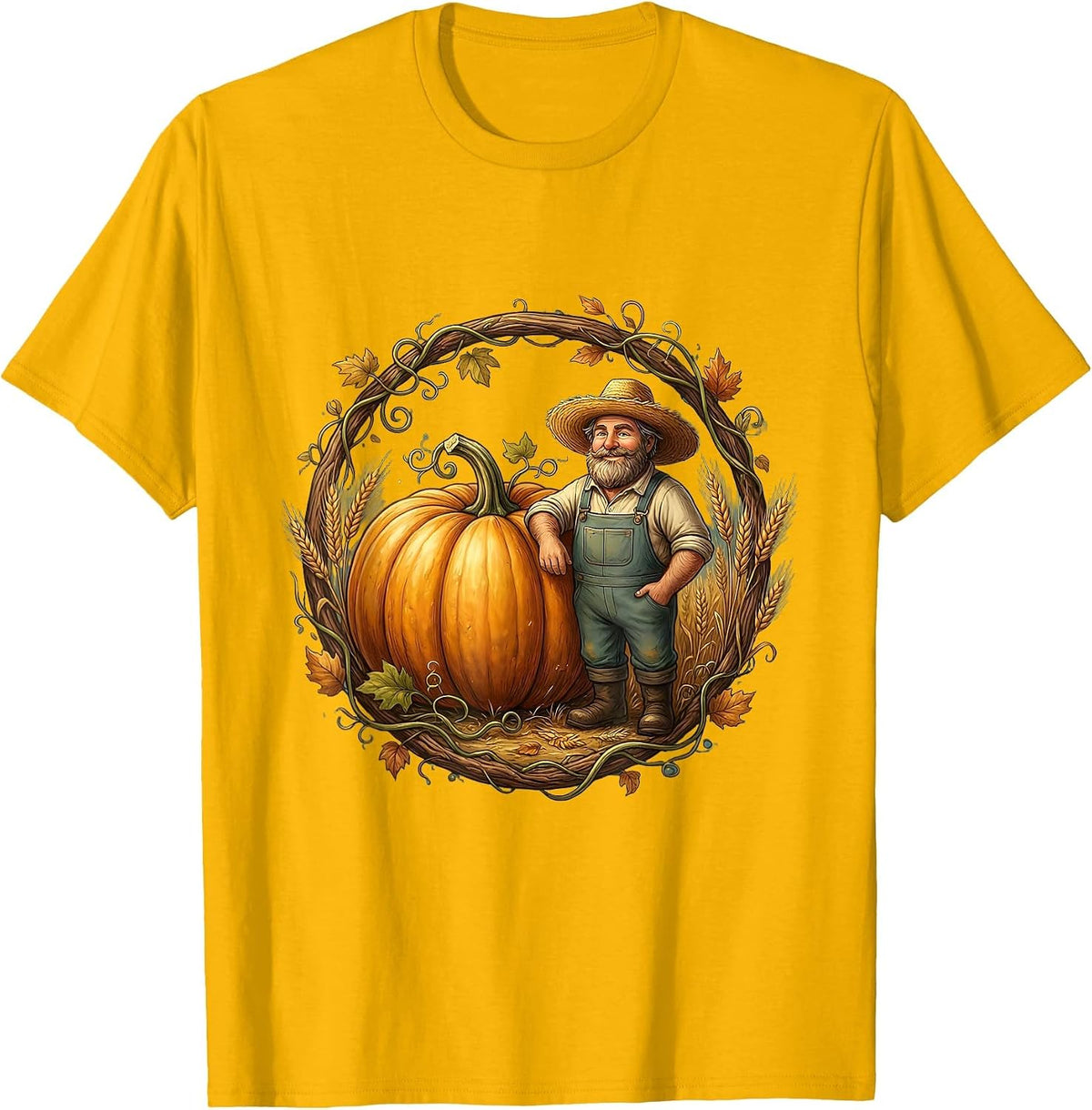 Proud Farmer Giant Pumpkin Harvest Illustration T-Shirt - Golden Yellow