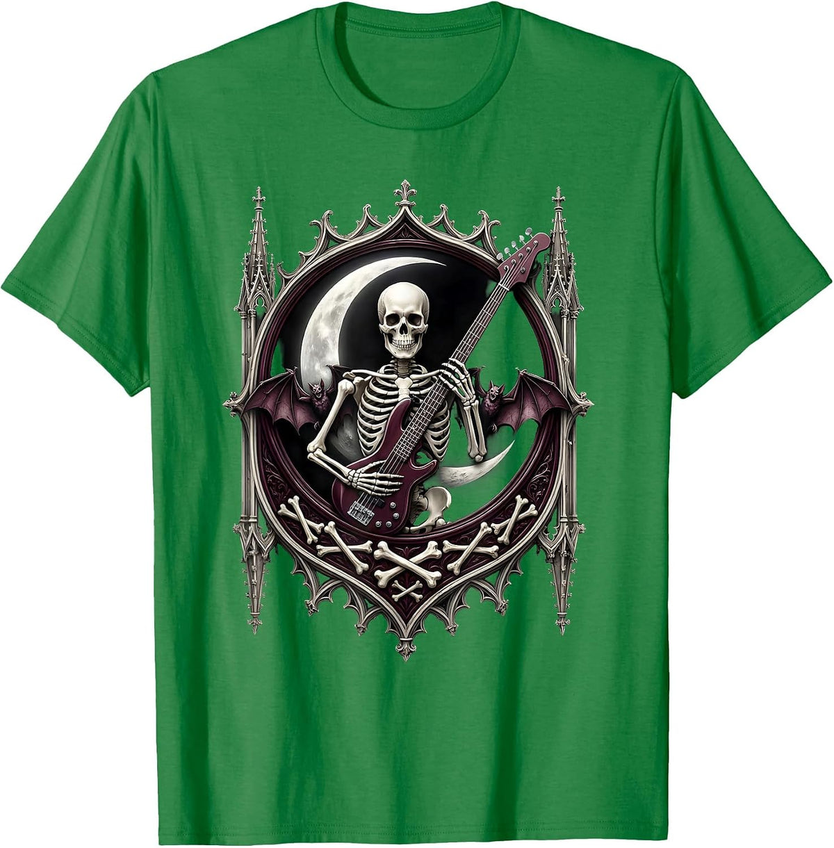Men's Skeleton Bassist Crescent Moon 80s Rock Graphic T-Shirt - Kelly Green