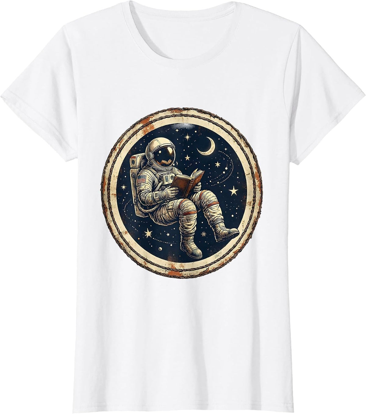 Women's Astronaut Reading in Space Illustration T-Shirt - White