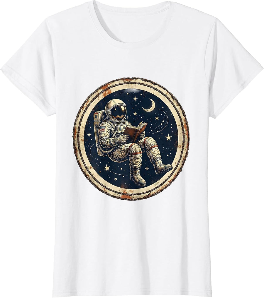 Women's Astronaut Reading in Space Illustration T-Shirt - White