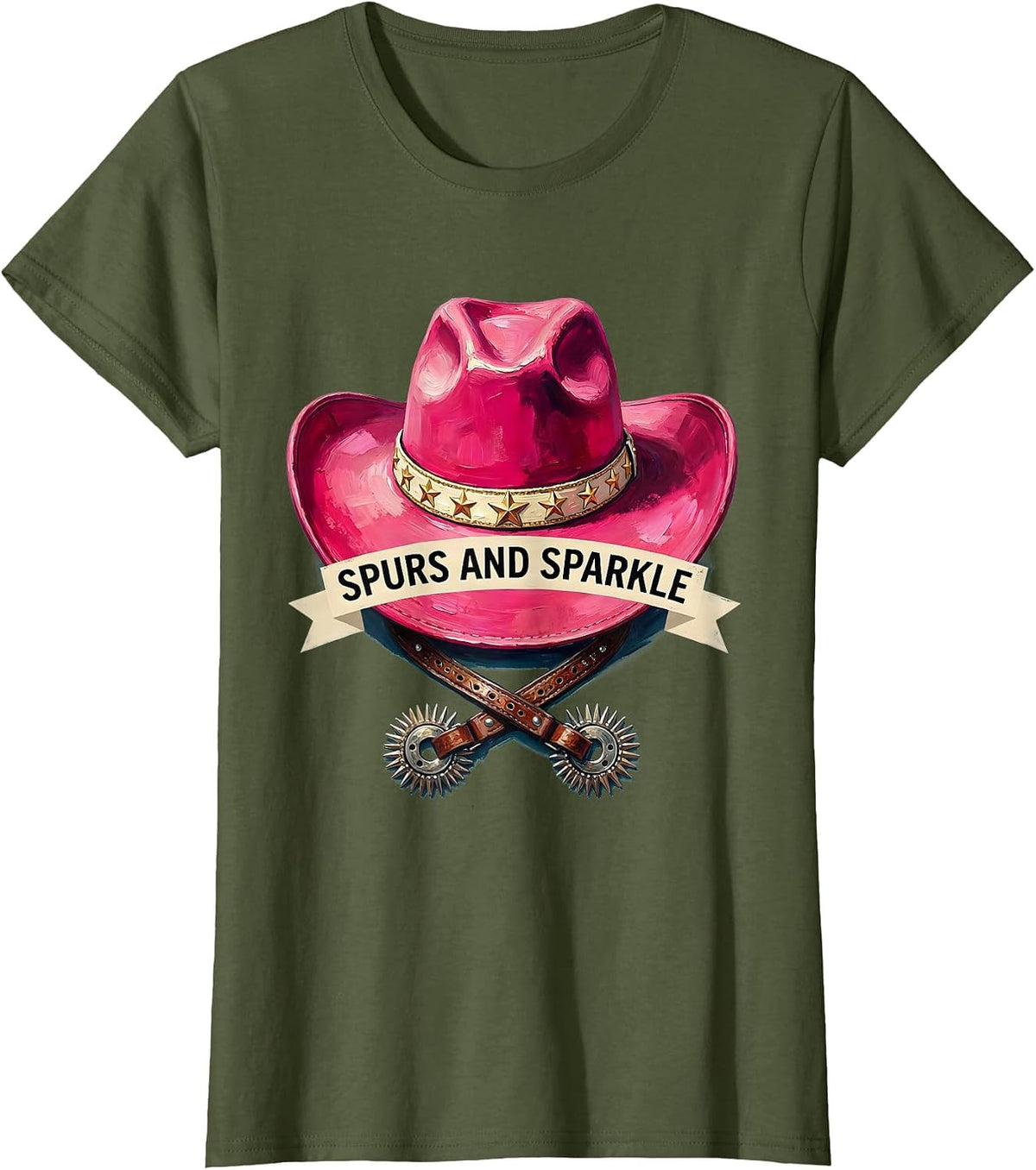 Women's Spurs and Sparkle Pink Cowgirl Design T-Shirt - Olive Green
