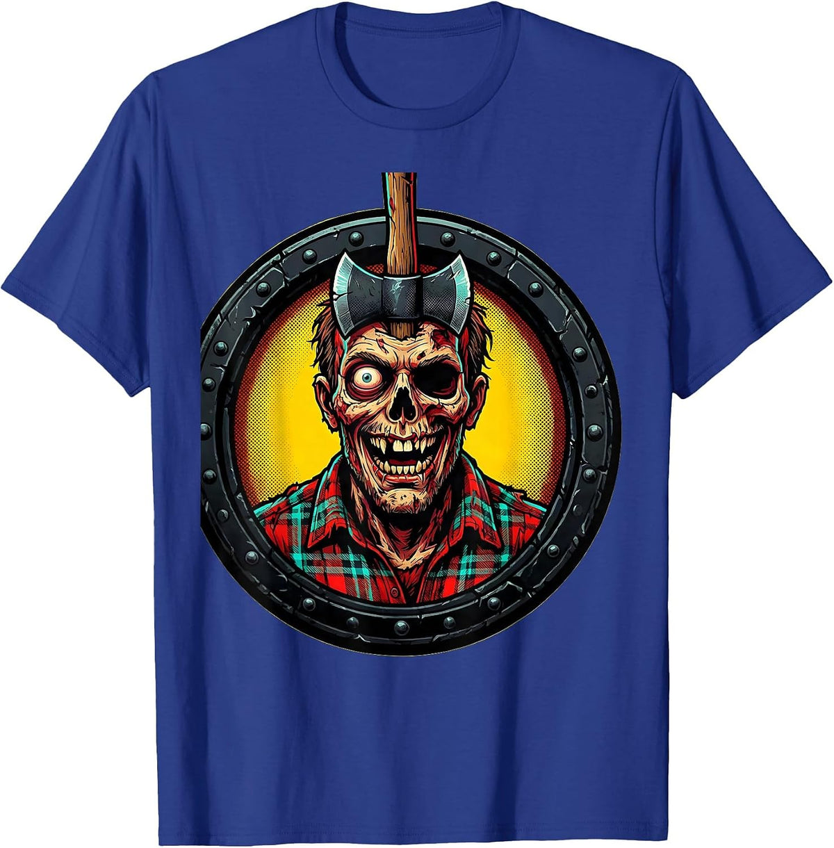 Zombie Lumberjack Axe Skull Horror Graphic T-Shirt - Royal Blue