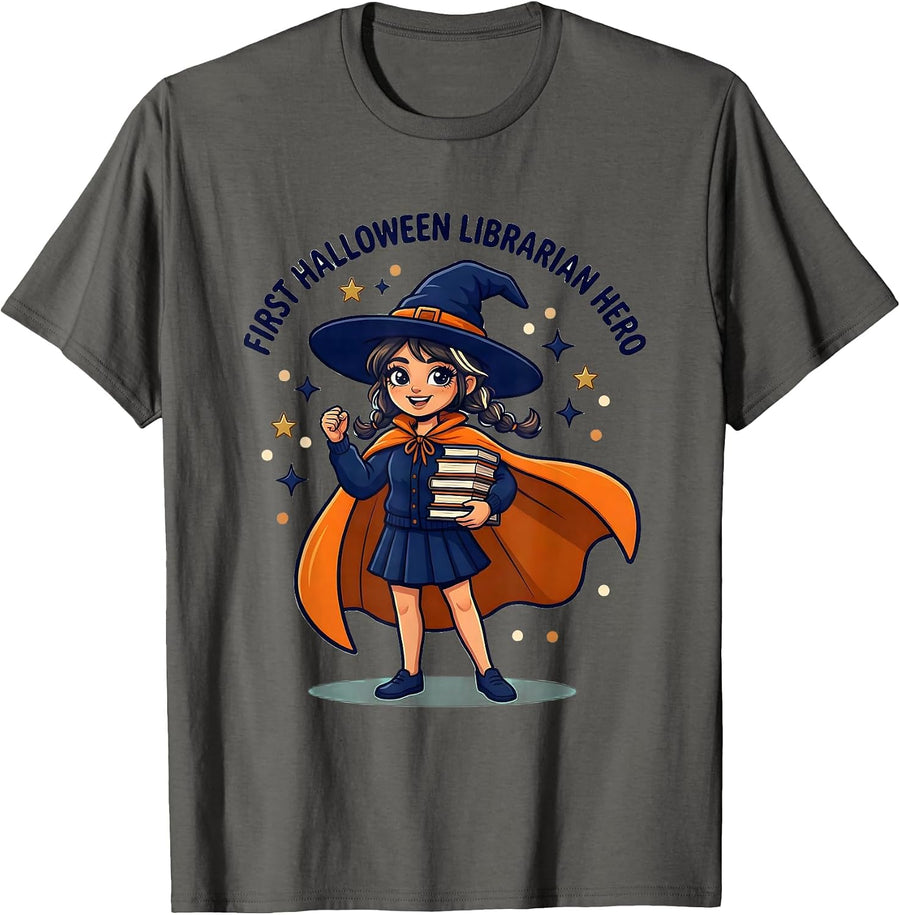 FIRST HALLOWEEN LIBRARIAN HERO Cartoon Librarian Halloween T-Shirt - Asphalt Grey