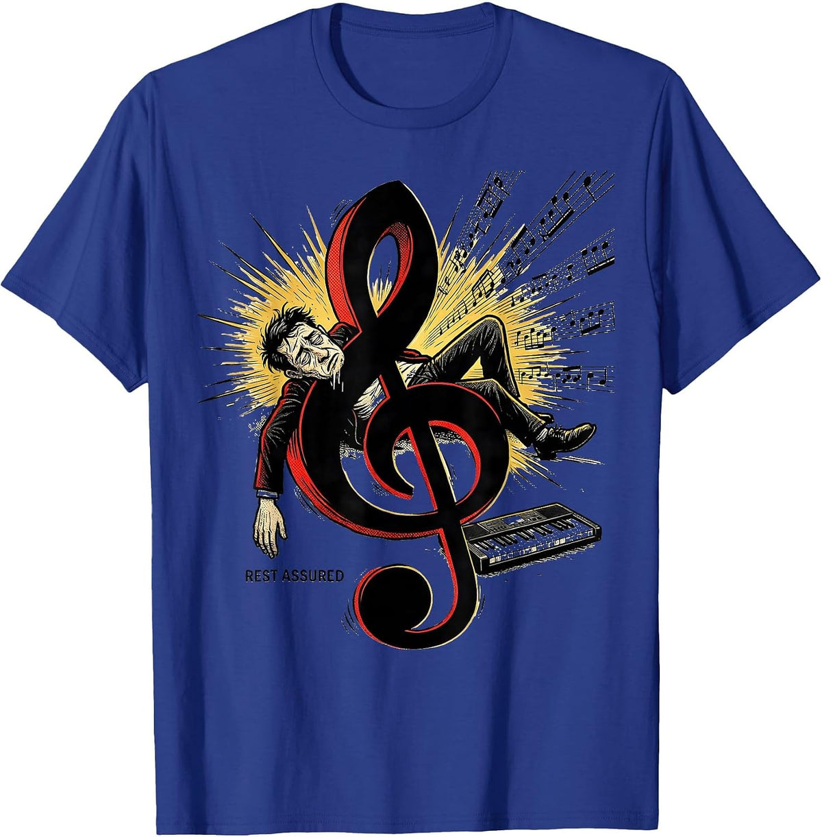 Men's Rest Assured Comic Book Pianist Music Lover Humor T-Shirt - Royal Blue