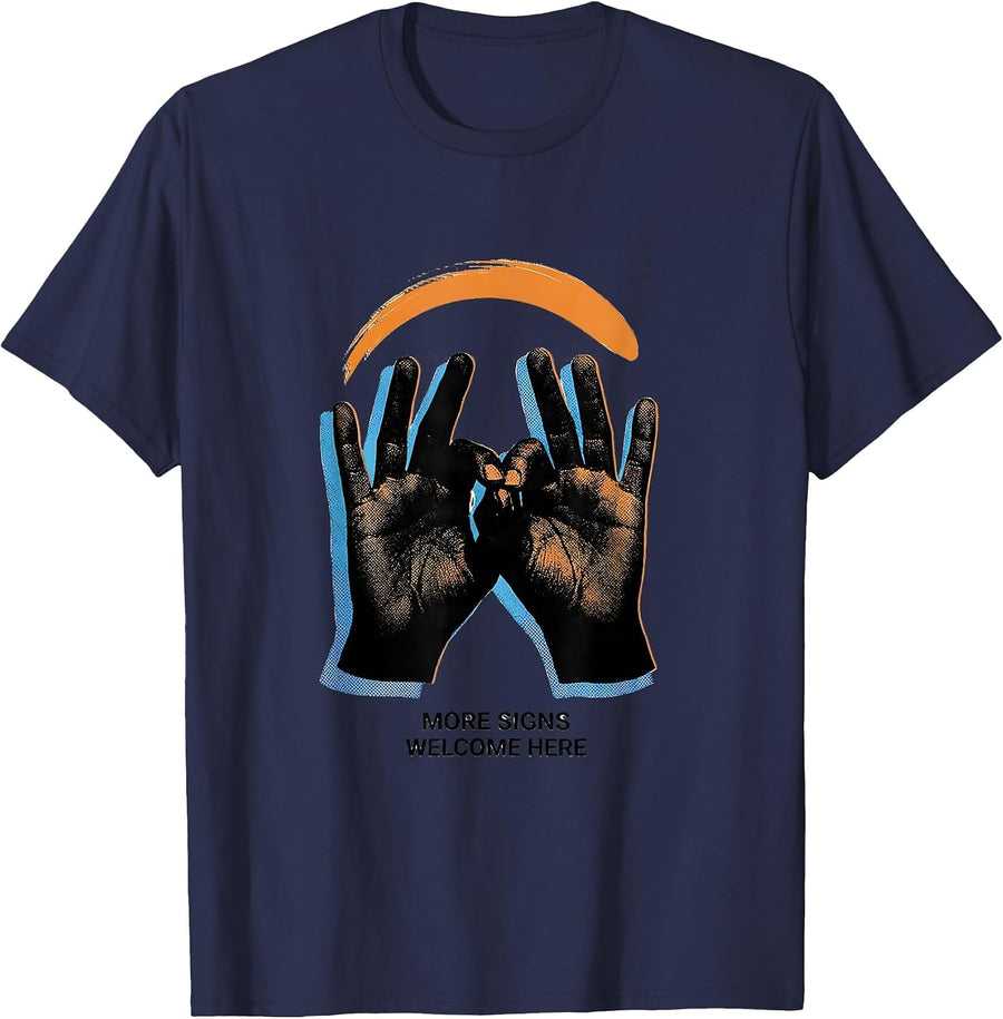 More Signs Welcome Here Funny ASL Sign Language Teacher T-Shirt - Navy Blue