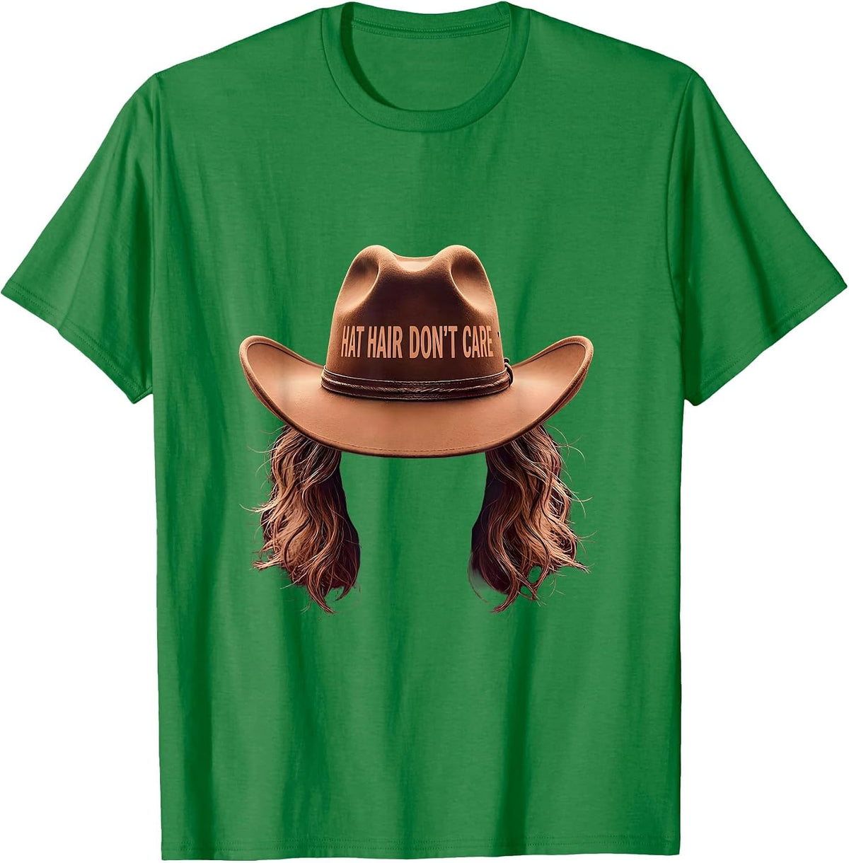 Men's Hat Hair Don't Care Cowgirl Design T-Shirt - Kelly Green