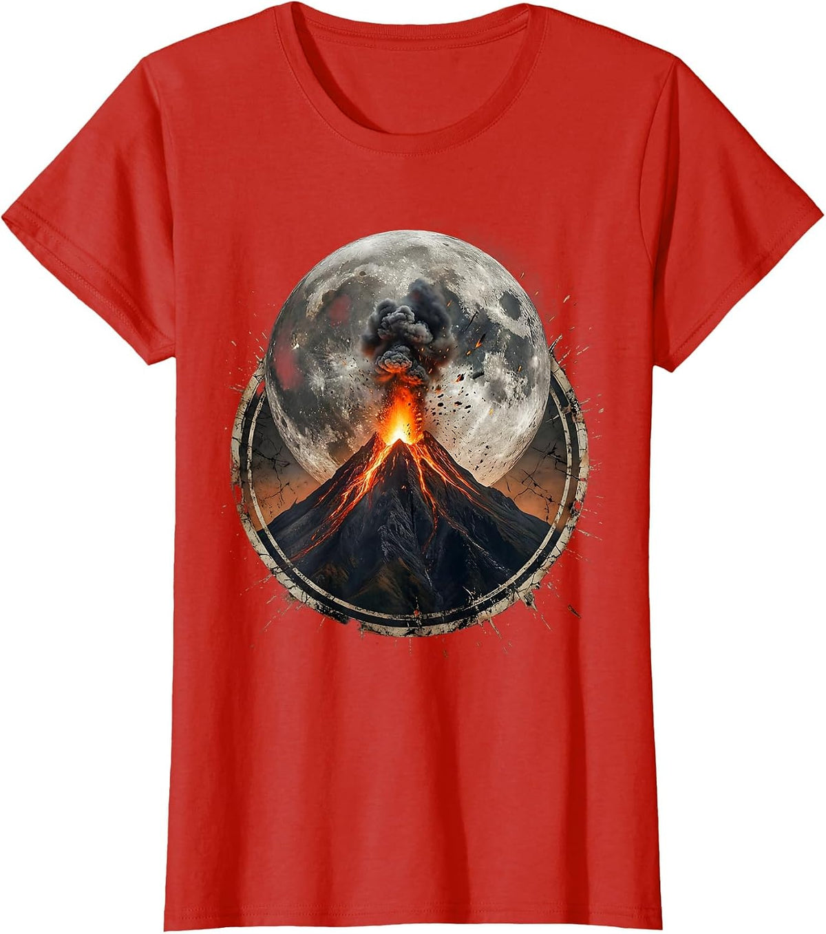 Women's Burning Mountain Peak Blood Moon Metal Graphic T-Shirt - Red