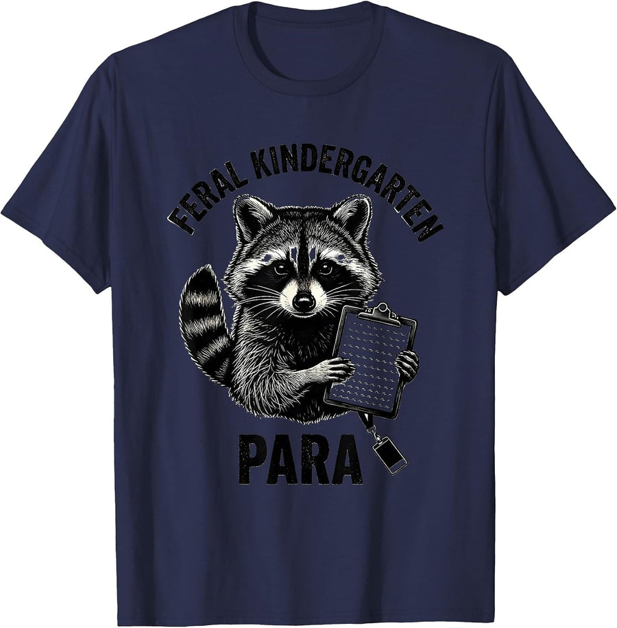 Feral Kindergarten Para Funny Teacher Back to School Raccoon T-Shirt - Navy Blue