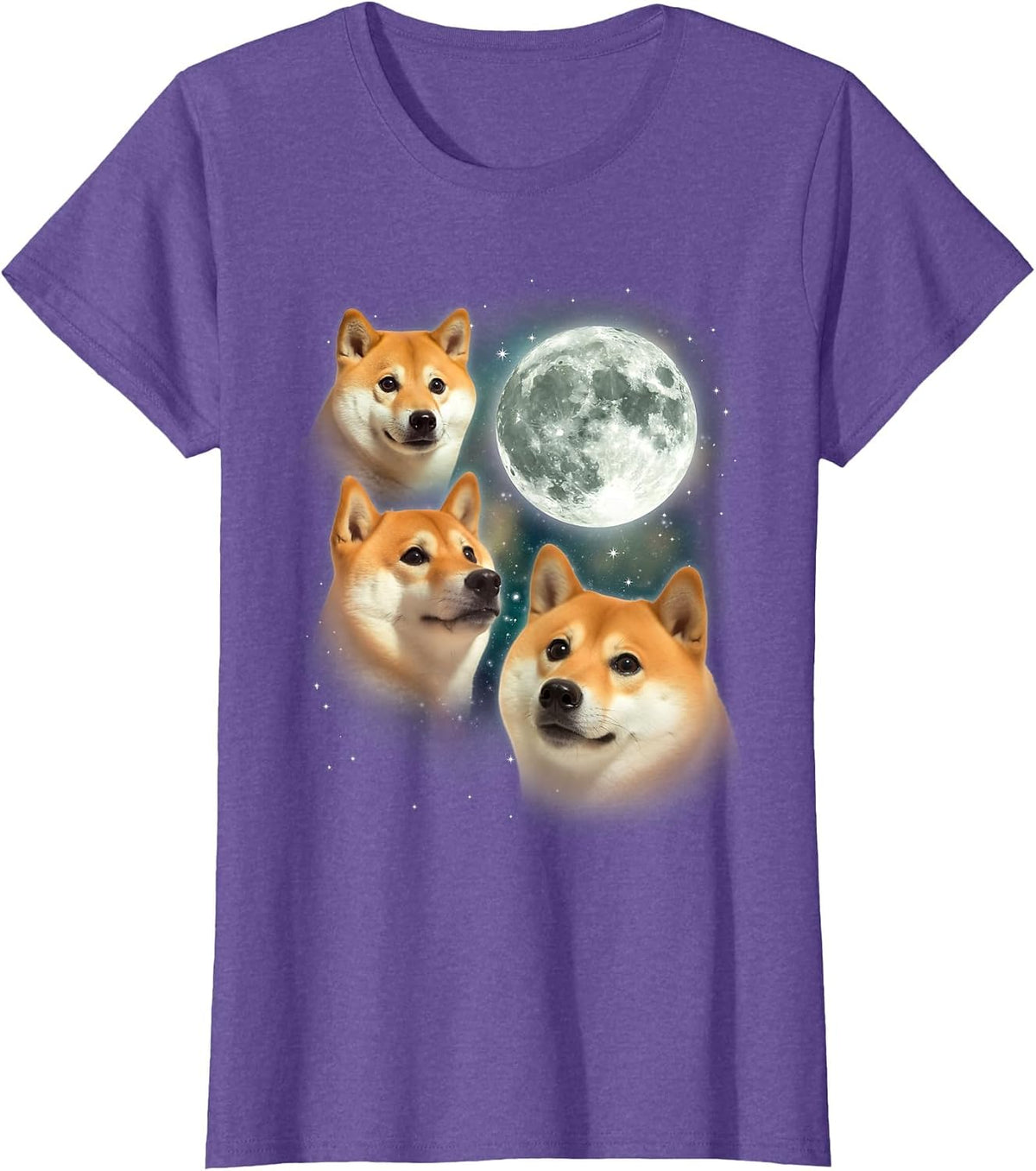 Three Shiba Inu Moon | 3 Doge Funny Cute Dog Meme Parody T-Shirt - Purple Heather