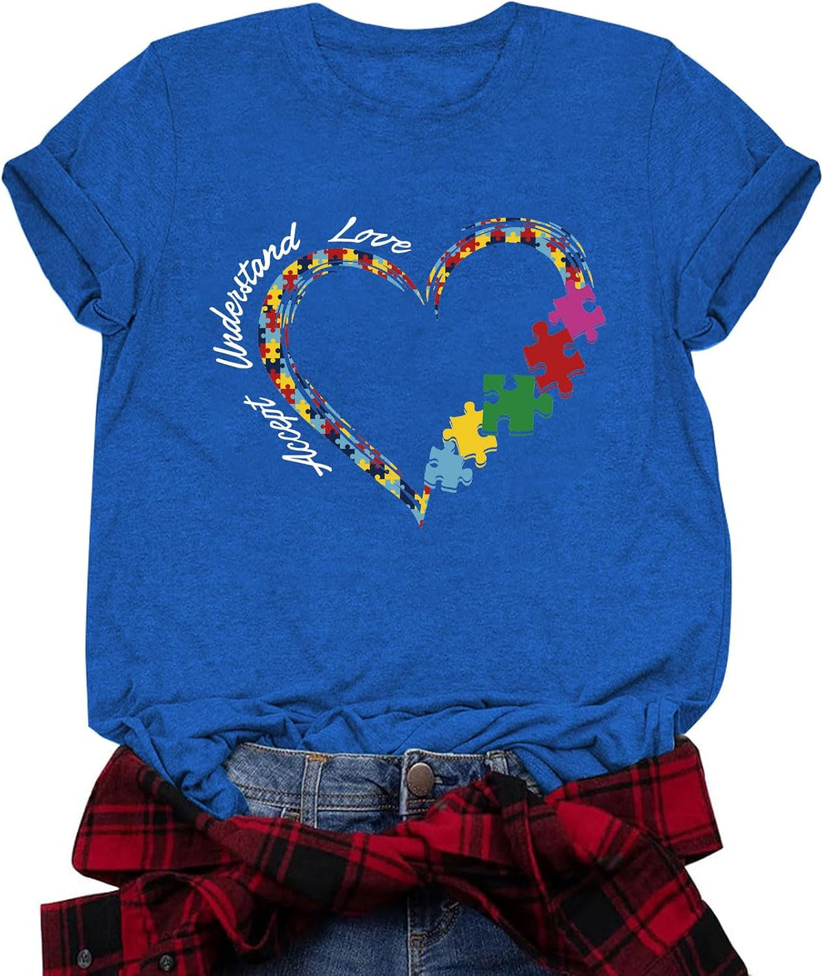 Autism Awareness Shirt Neurodiversity Infinity&Colorful Puzzle Heart, Autism Acceptance Tee for World Autism Day - Blue-3