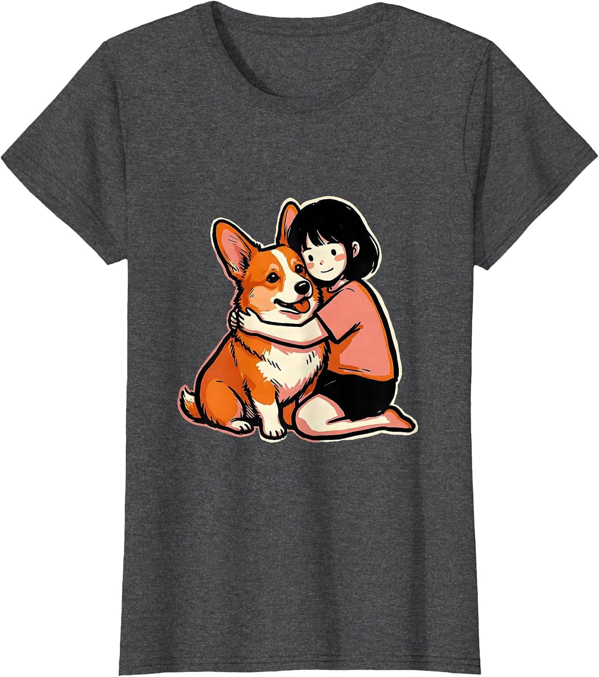Women's Girl Hugging Corgi Cute Dog Lover Breed Pride T-Shirt - Dark Heather Grey