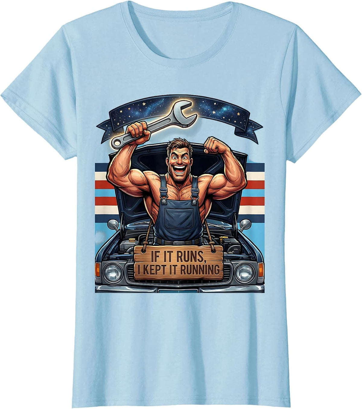 If It Runs, I Kept It Running Cartoon Diesel Mechanic T-Shirt - Baby Blue