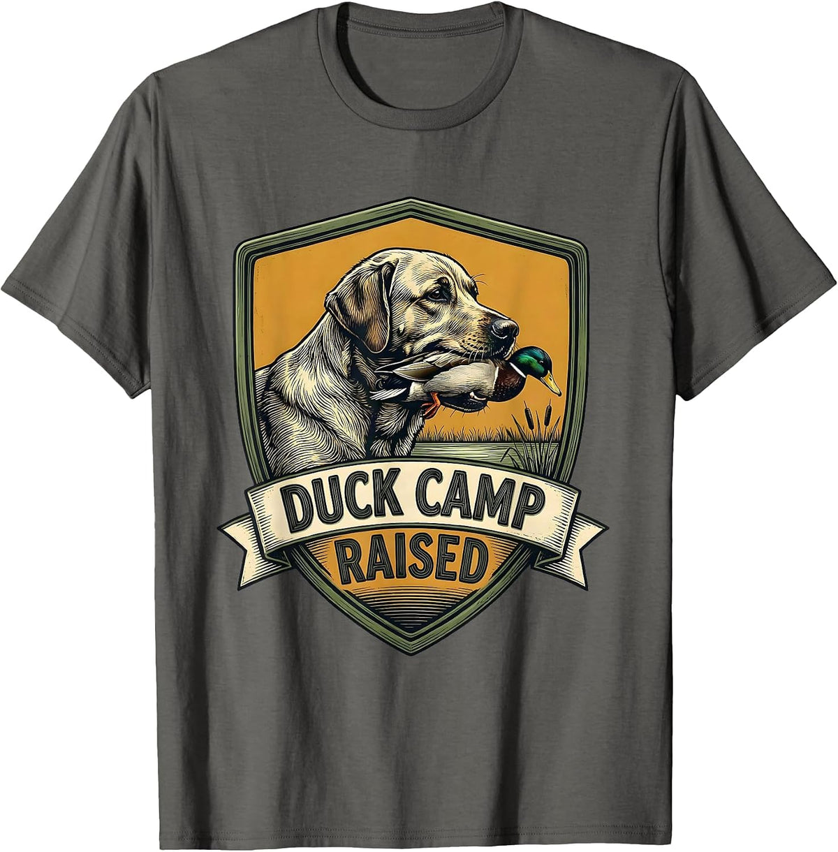 Duck Camp Raised Sign Painter Showcard Hunting Dog Waterfowl T-Shirt - Asphalt Grey