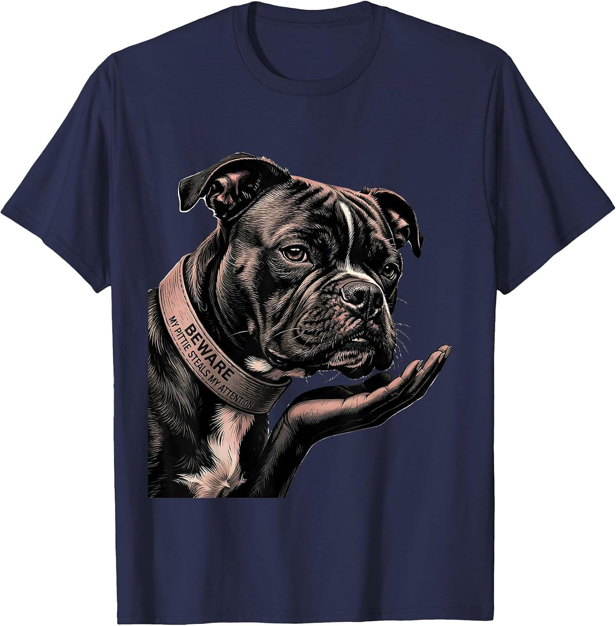 Beware, My Pittie Steals My Attention Funny Pitbull Dog T-Shirt - Navy Blue