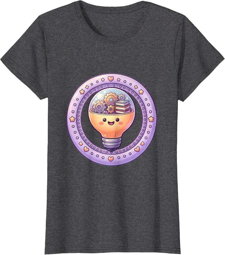 Women's Teacher Lightbulb Gears and Books Illustration T-Shirt - Dark Heather Grey