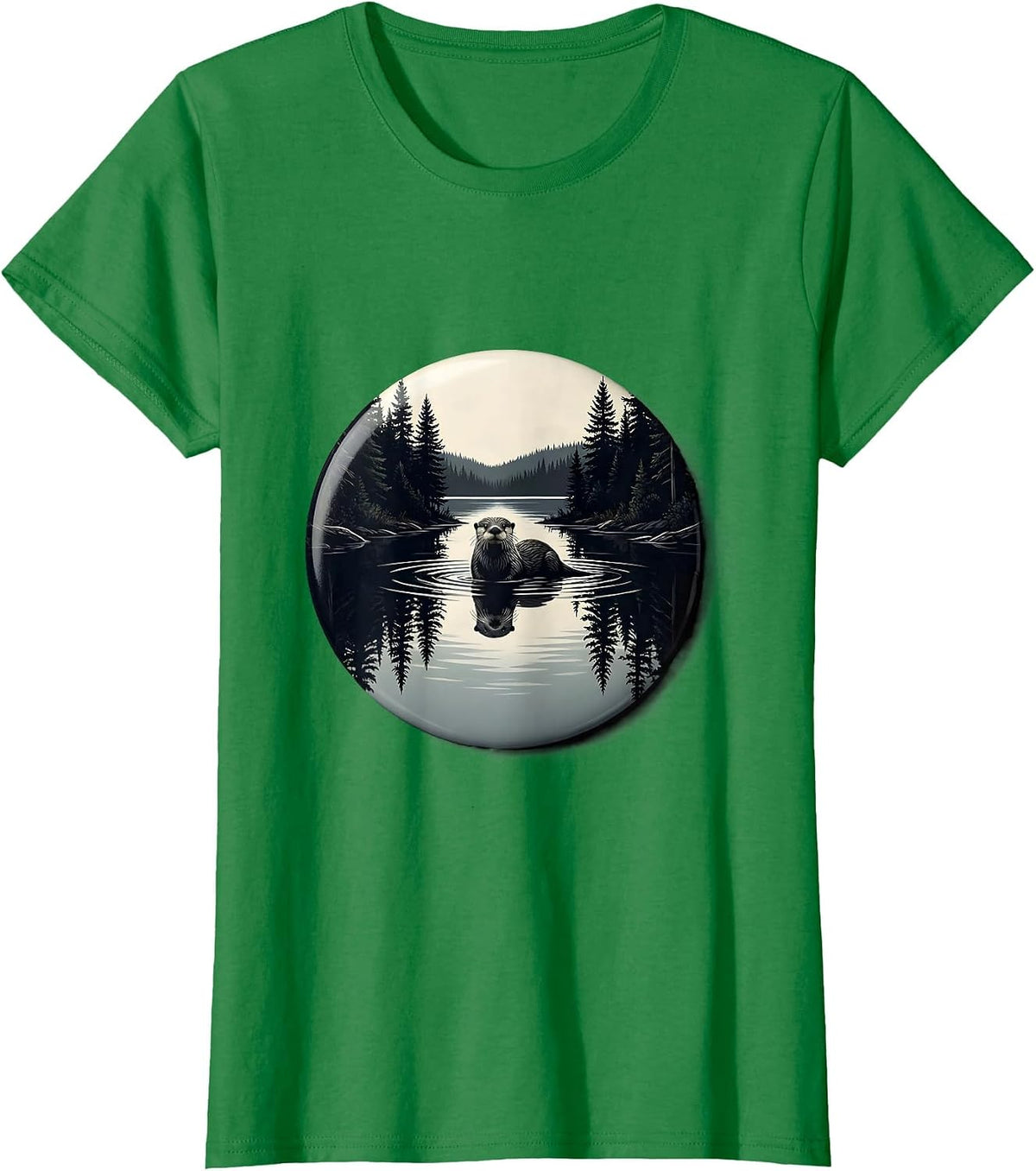 Otter Inlet Mirror Reflection Forest Wildlife Nature T-Shirt - Kelly Green