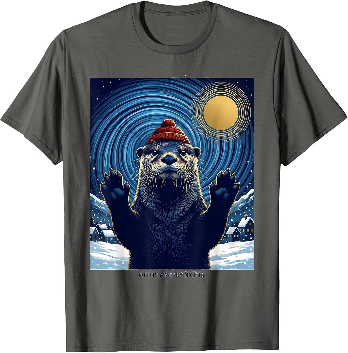 Men's Otterly Merry Nights Whimsical Animal Lover Van Gogh Parody T-Shirt - Asphalt Grey