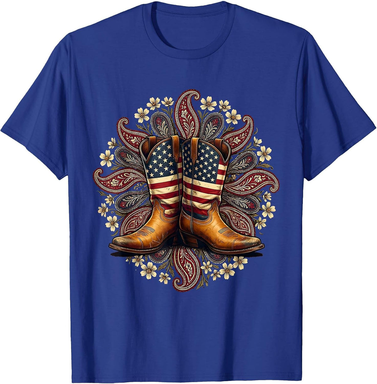 Men's Cowgirl Boots Floral Paisley Western Design T-Shirt - Royal Blue