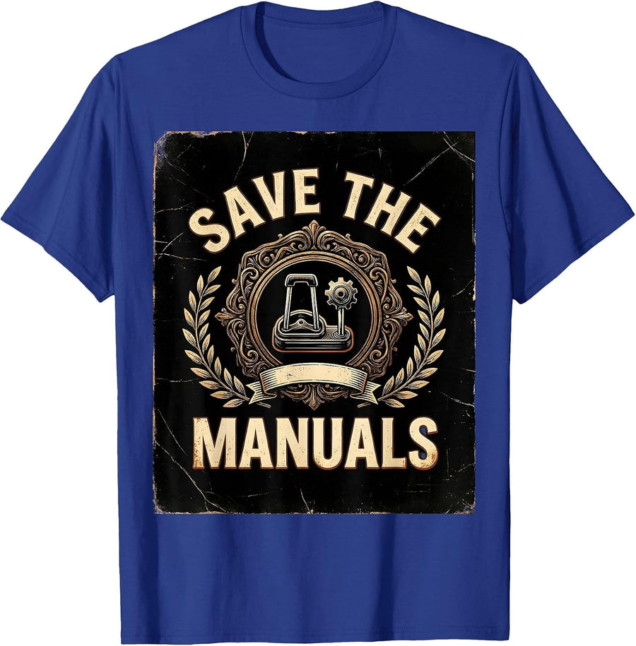 Save The Manuals Vintage Gear Shift Design T-Shirt - Royal Blue