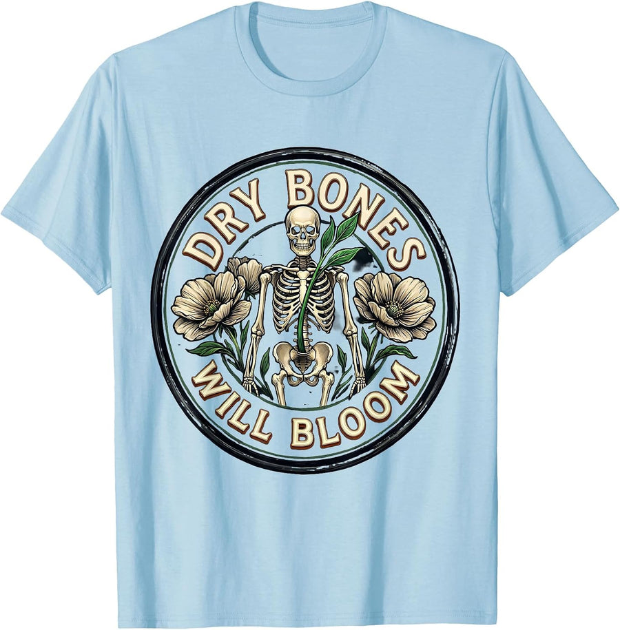 Men's Dry Bones Will Bloom Funny Skeleton Floral Christian Faith T-Shirt - Baby Blue