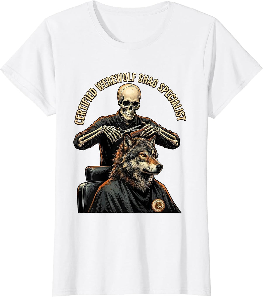 Women's Certified Werewolf Shag Specialist Funny Skeleton T-Shirt - White