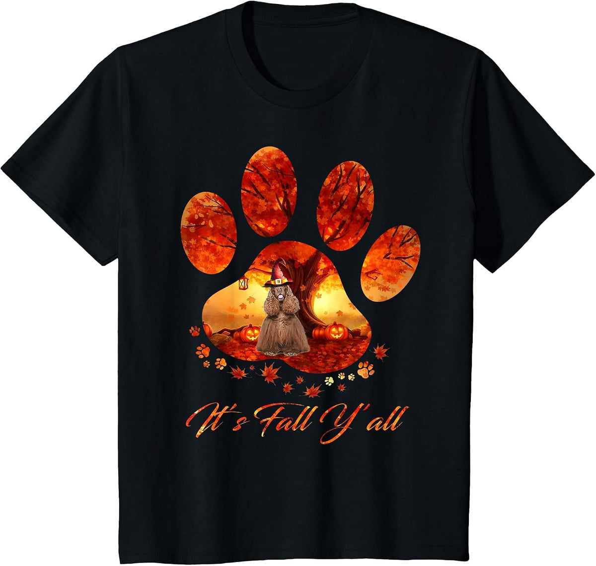 American Cocker Spaniel It's Fall Y'all Dog Paw Halloween T-Shirt - Black