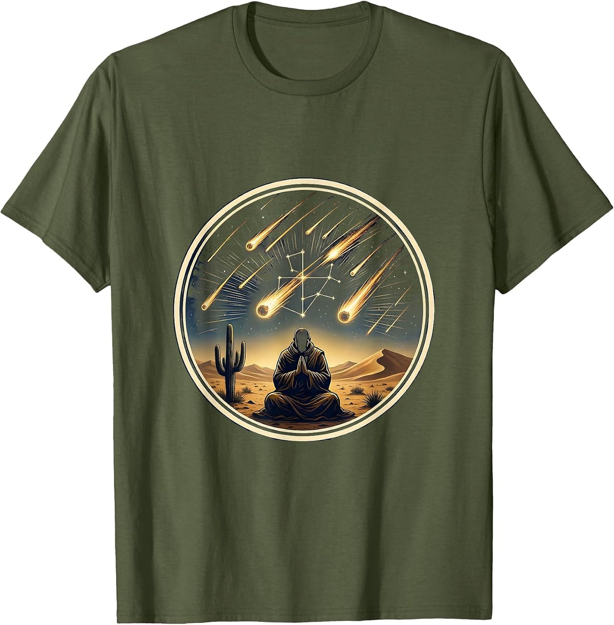 Desert Monk Meteor Shower Night Sky Illustration T-Shirt - Olive Green