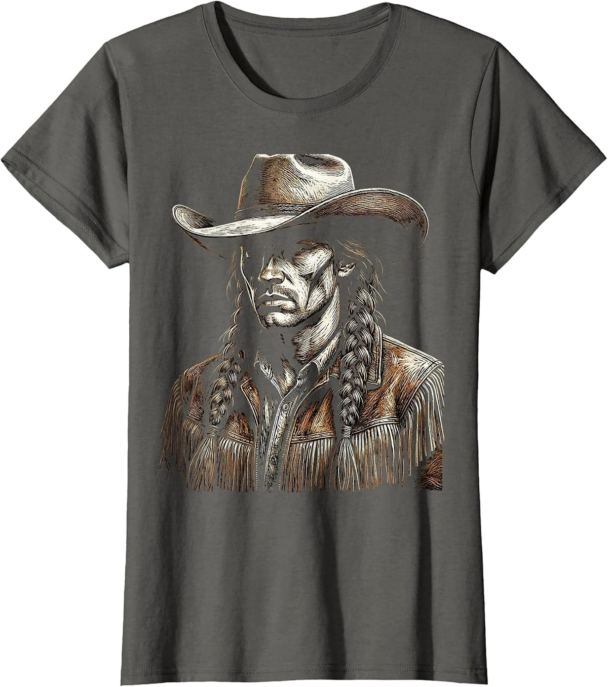 Women's White Cowgirl Braided Hair Fringe Jacket Illustration T-Shirt - Asphalt Grey