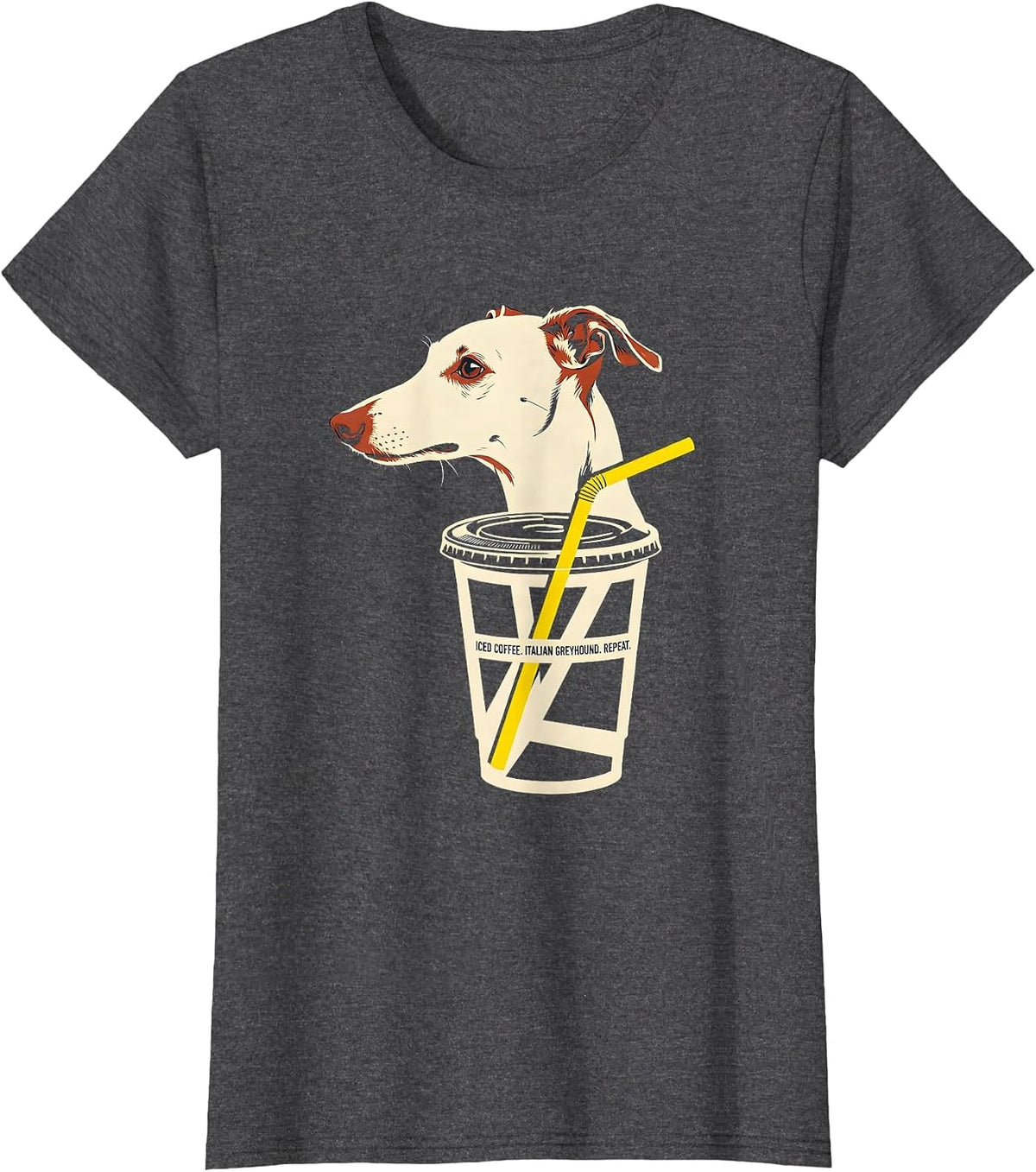 Women's Iced Coffee Italian Greyhound Repeat Dog Lover Humor T-Shirt - Dark Heather Grey