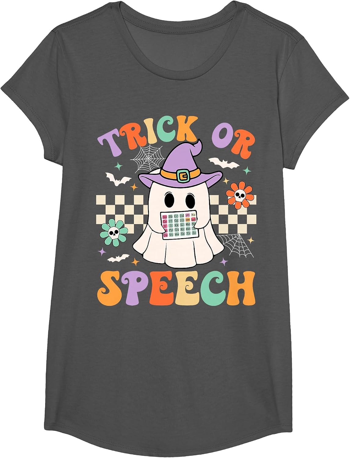Trick or Speech Halloween SLP Retro Speech Therapy Halloween T-Shirt - Girls Asphalt Grey