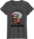 Women's Winter Feels Warm Cozy Holiday Coffee Lover Otter Mascot T-Shirt - Dark Heather Grey