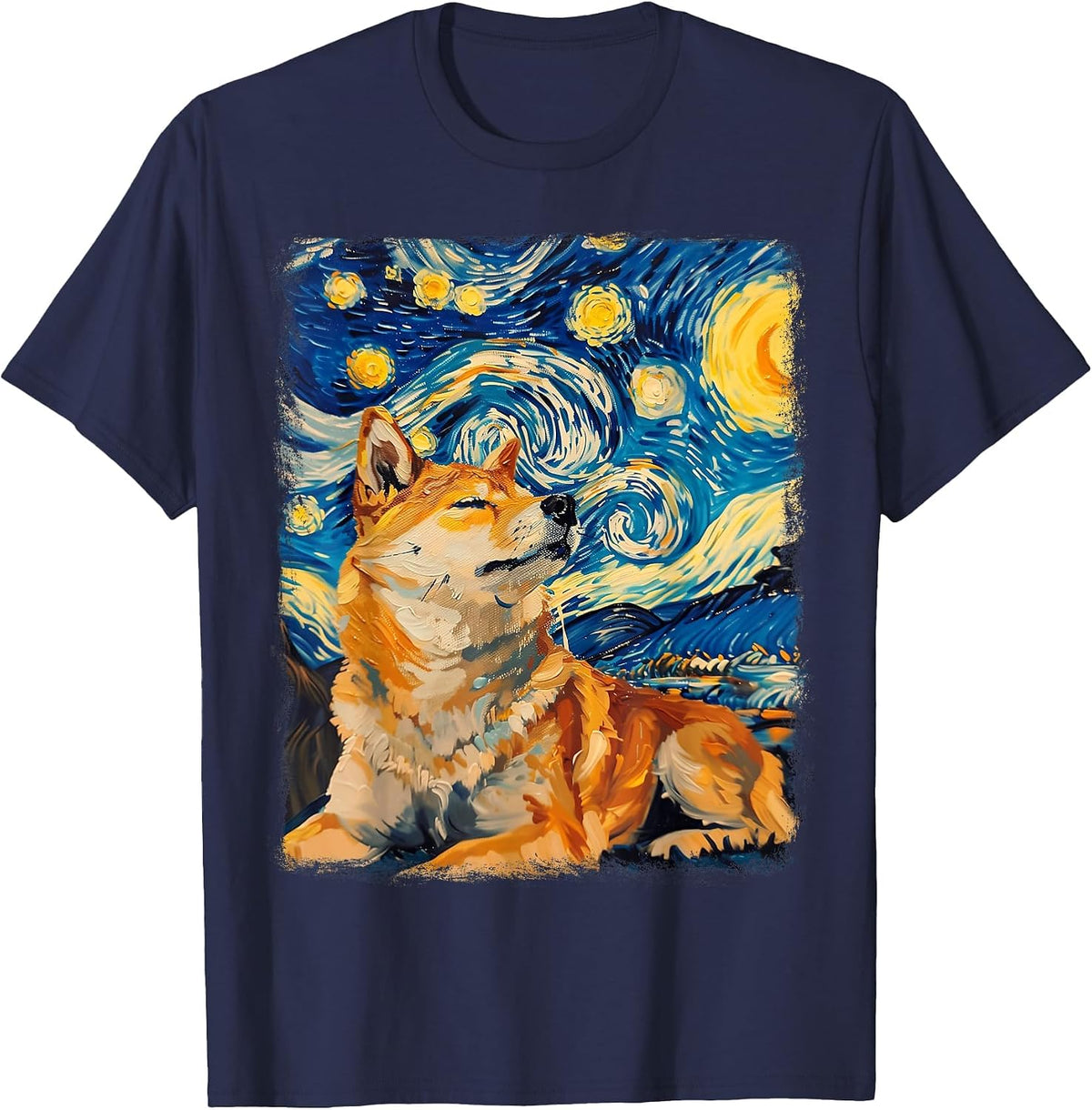 Shiba Inu Dog Starry Night Painting T-Shirt - Navy Blue