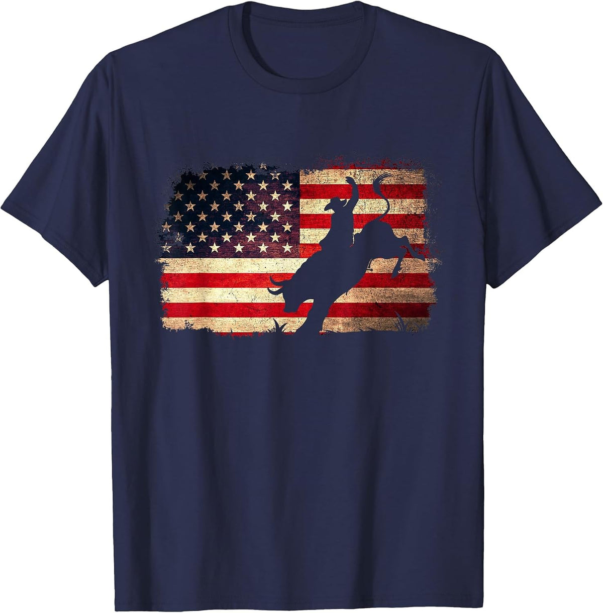 Rodeo Cowboy Bull Rider 4th of July Patriotic USA Flag T-Shirt - Navy Blue