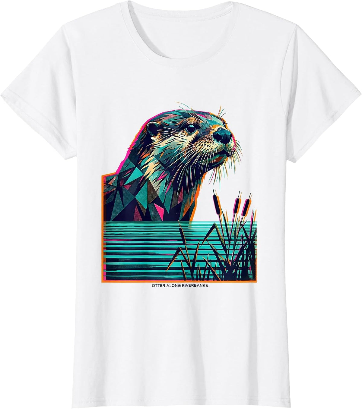 Otter Along Riverbanks Risograph Vintage Wildlife Nature T-Shirt - White