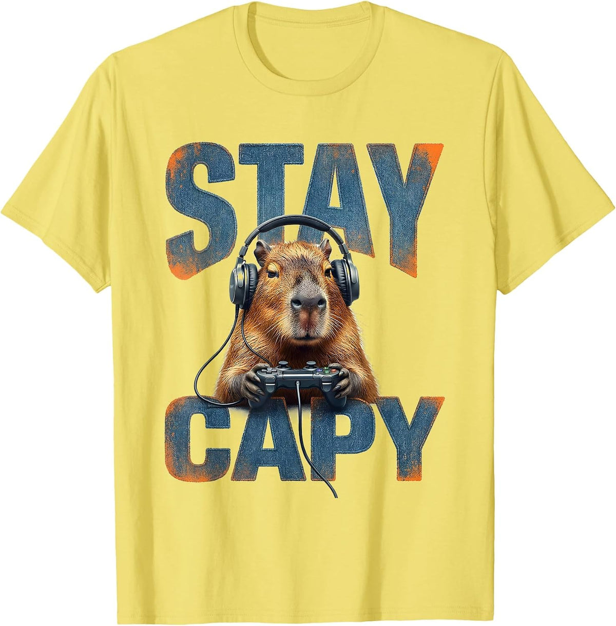 Men's Stay Capy Bold Grunge Capybara Gamer Meme Humor T-Shirt - Lemon Yellow