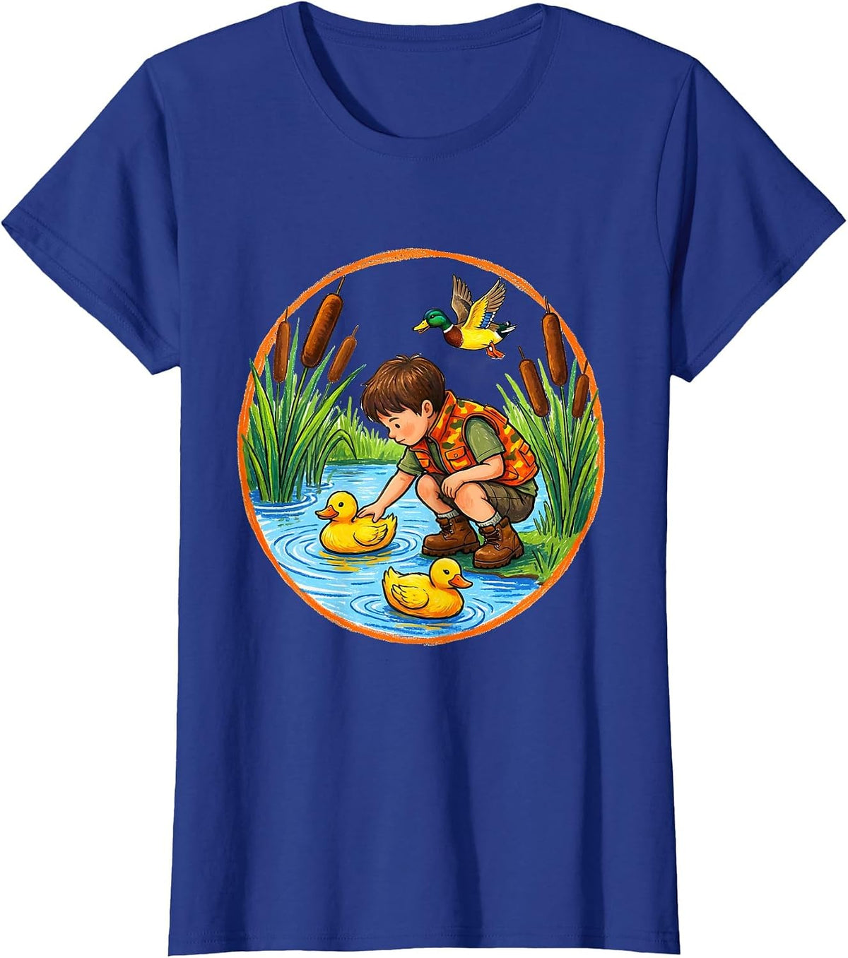 Women's Kids Duck Hunting Decoy Setup Illustration T-Shirt - Royal Blue