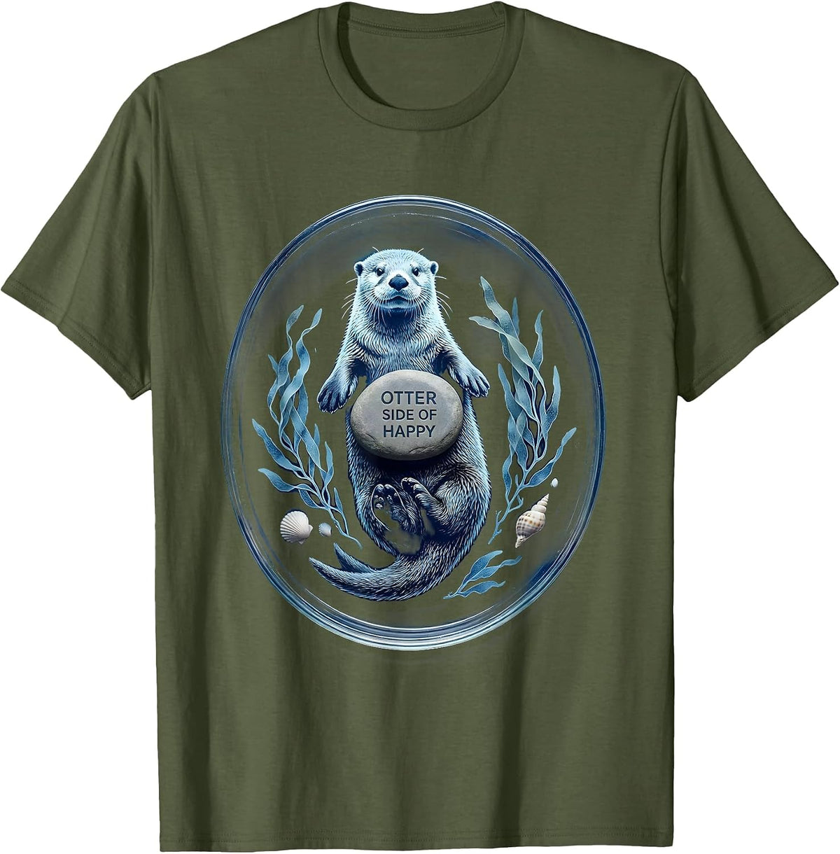 Men's Otter Side of Happy Sea Otter Design T-Shirt - Olive Green