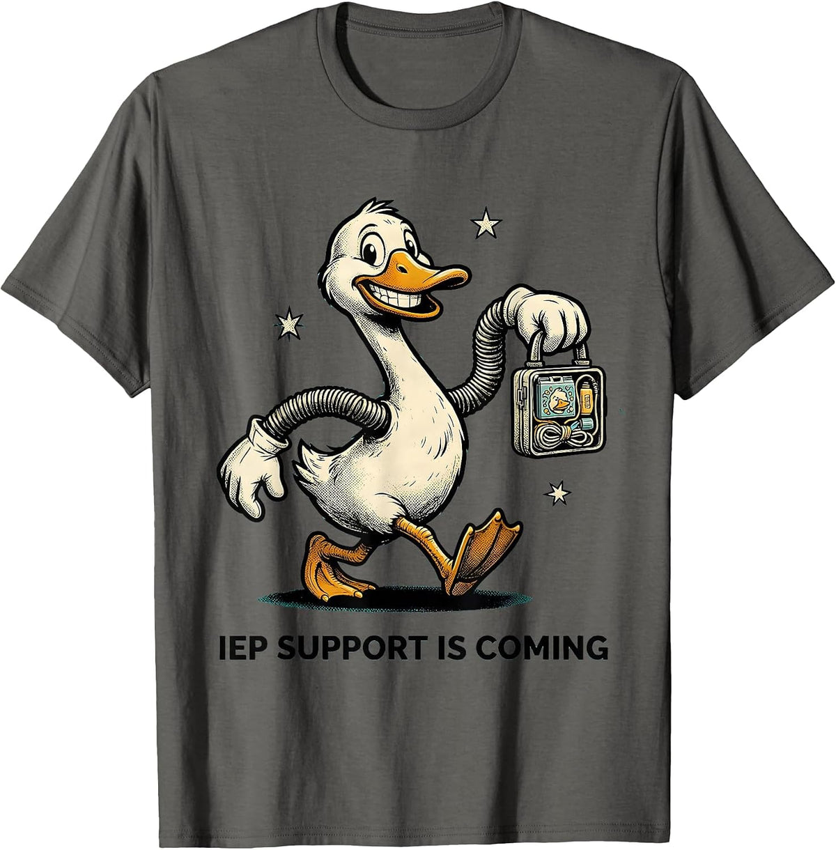 IEP Support Is Coming Retro Cartoon Silly Goose SPED Teacher T-Shirt - Asphalt Grey