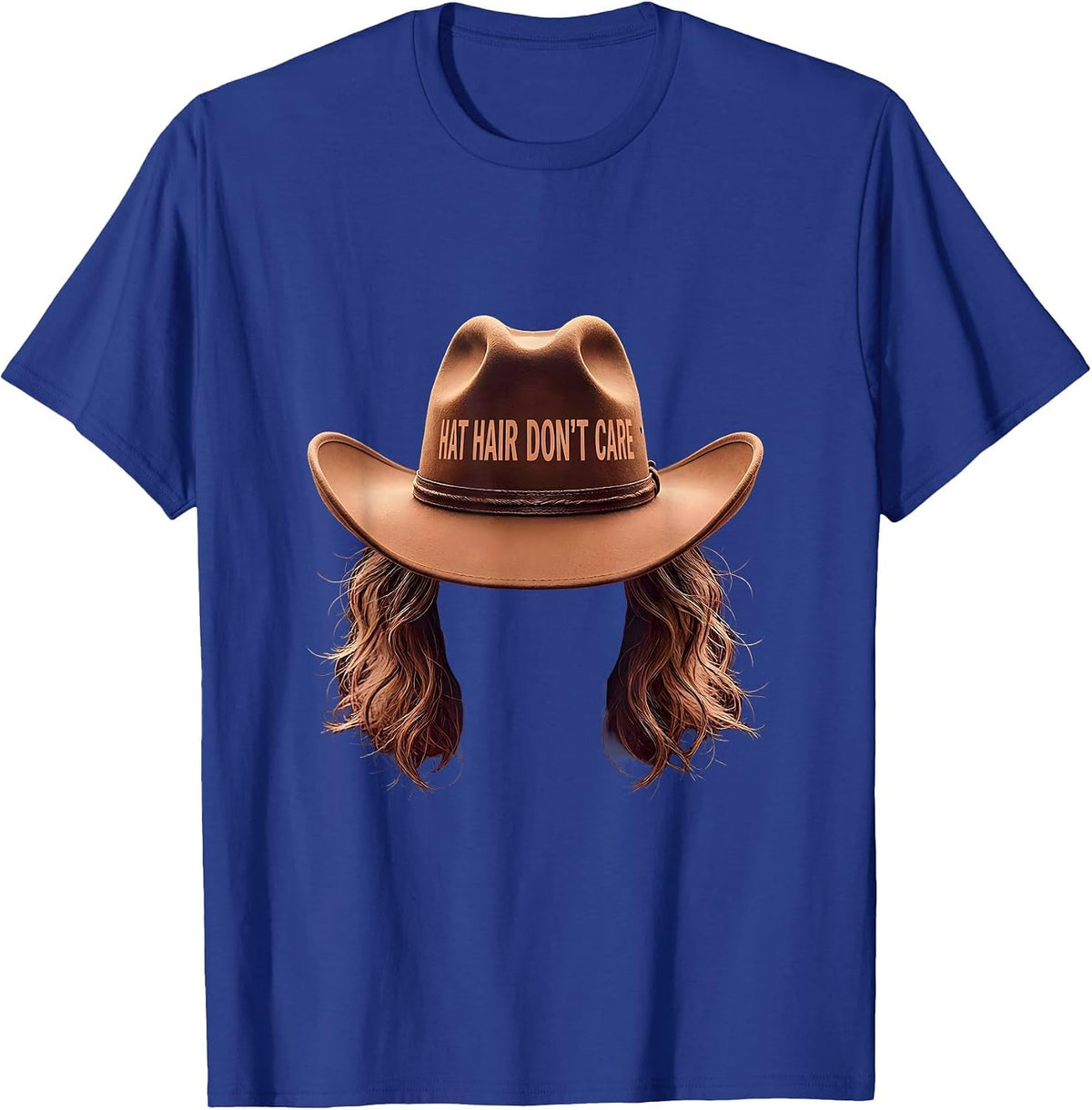 Men's Hat Hair Don't Care Cowgirl Design T-Shirt - Royal Blue