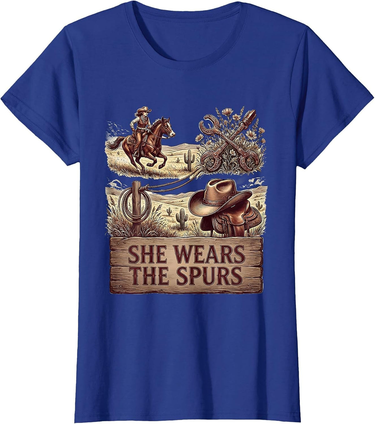 Women's She Wears The Spurs Cowgirl Graphic Design T-Shirt - Royal Blue